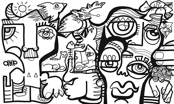 Black and White drawing by aNa artist from a Virtual Mural Team Building done with webinar.games and a german team