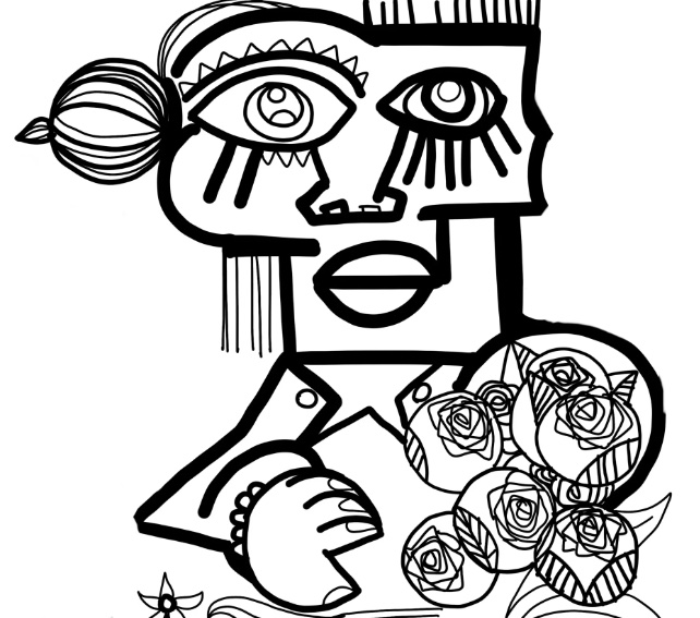 Digital Black and white Lady holding flowers drawn by aNa artist in her welcome mural for webinar games website